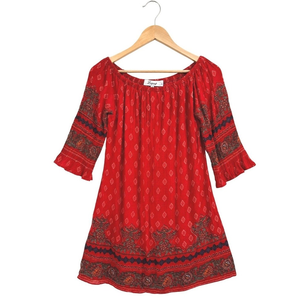 Lapogee Anthropologie Red Bohemian Print Off Shoulder Mini Dress Tunic Small